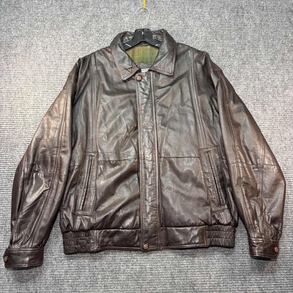 William Barry Watershed Mens Brown Lambskin Leather Bomber Jacket Plaid Lined L‎
